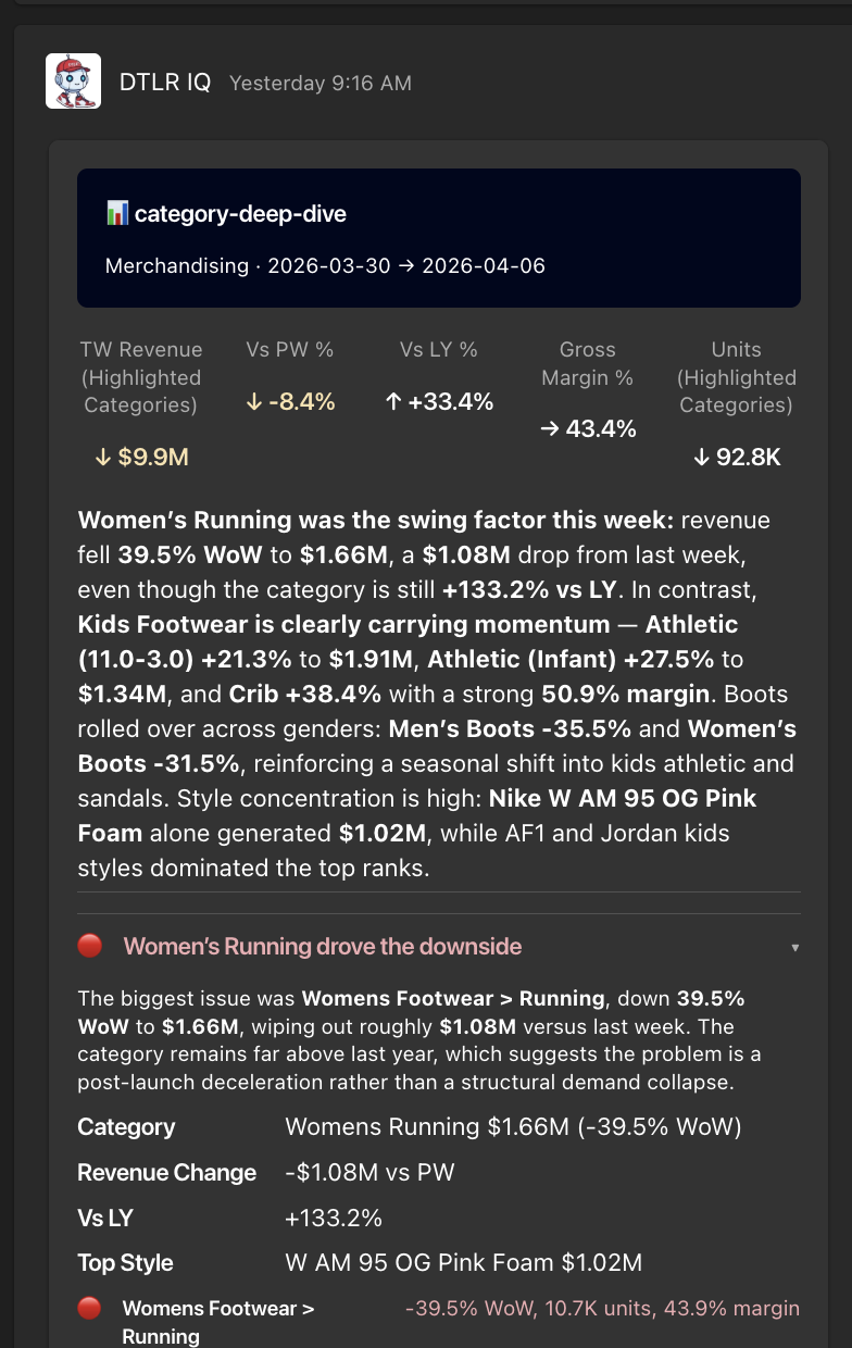 <strong>Adaptive Card Delivery in Teams:</strong> Analyst report auto-delivered to a channel. Users read the AI summary and ask follow-ups directly in the thread.